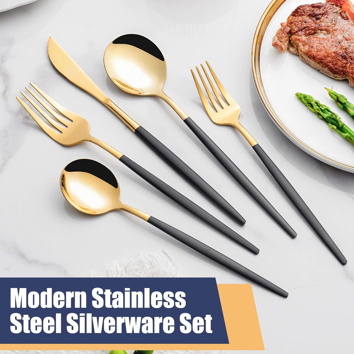40 Piece Black Gold Silverware Set,Stainless Steel Flatware Cutlery Set Service for 8 Including Forks Spoons Knives,Kitchen Utensil Set,Tableware for Home and Restaurant, Dishwasher Safe