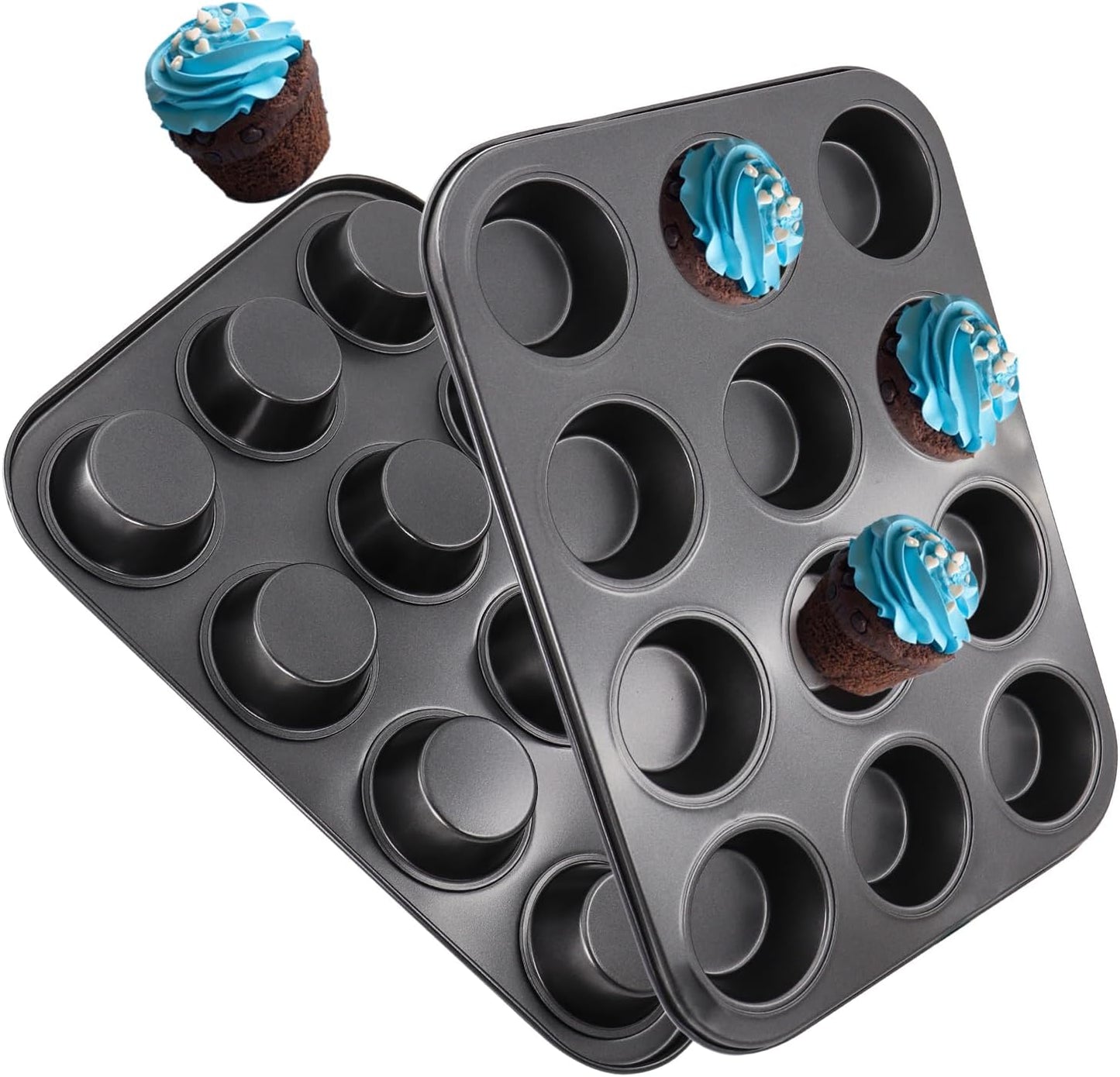 2 Packs Nonstick Round Muffin Baking Pan, Premium Steel Muffin Pan for Baking, Nonstick Cupcake Tin Cheesecake Pans, Bakeware Muffin Top Pan (12 Cups, Black)