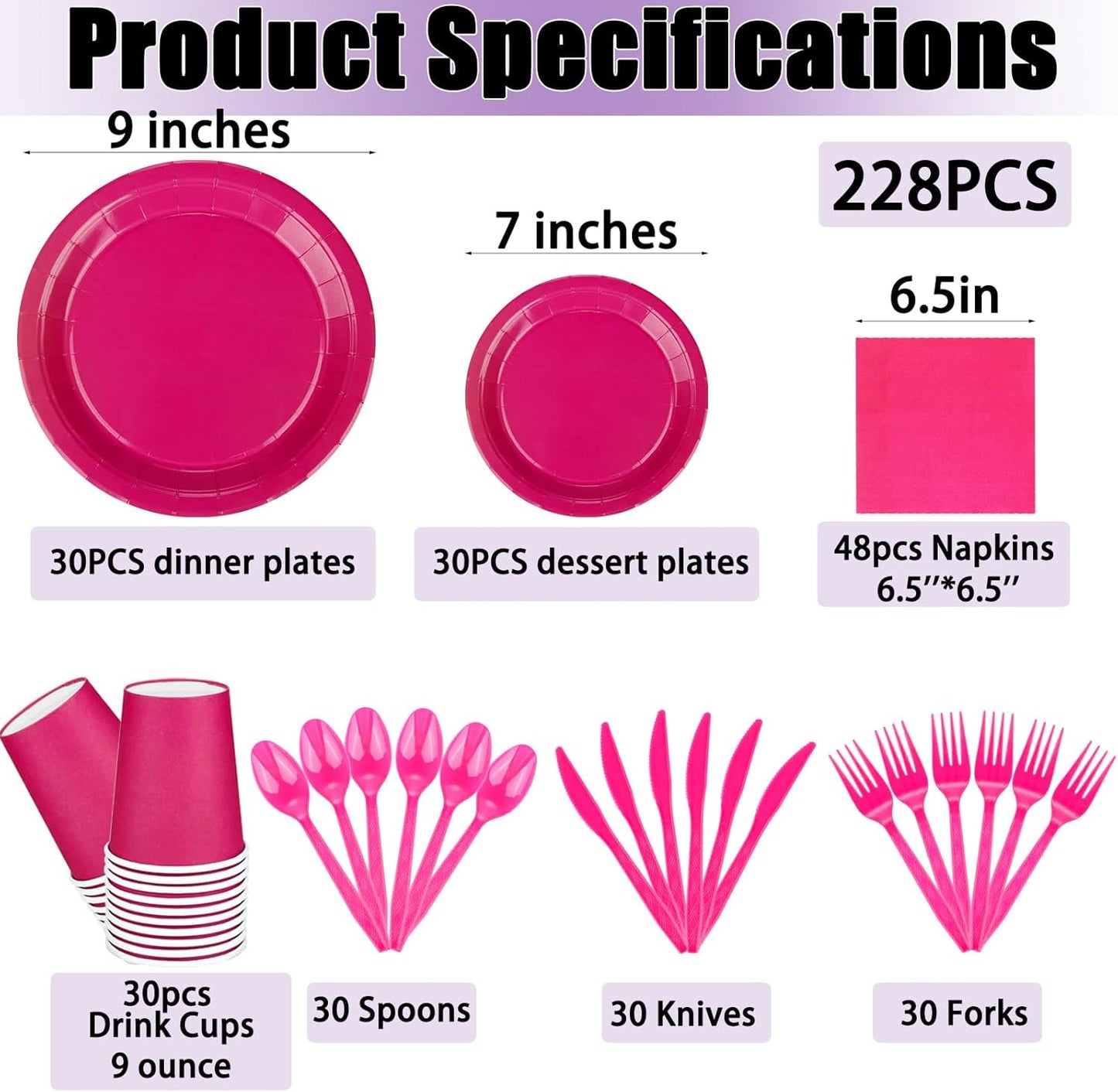 TWOWYHI 228PCS Hot Pink Party Supplies Set Include Paper Plates Cups Hot Pink Napkins Plastic Spoons Forks Knives for 30Guests Disposable Party Dinnerware Sets for Birthday Wedding Family Picnic