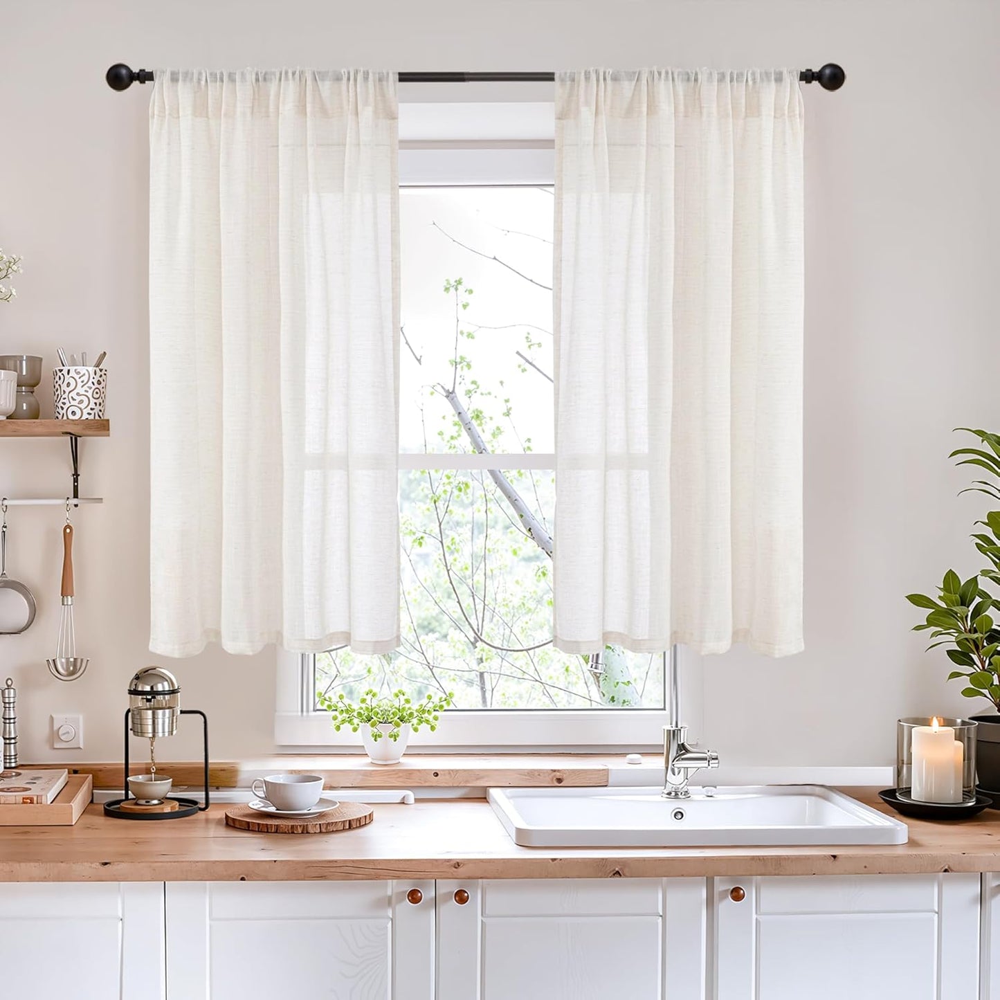 BGment Linen Curtains 40 Inch Length for Kitchen Cafe Window - Rod Pocket Ivory Semi Sheer Drapes Natural Light Filtering for Bedroom Bathroom Lightweight Rustic, 2 Panels Set, 42 X 40 Inch