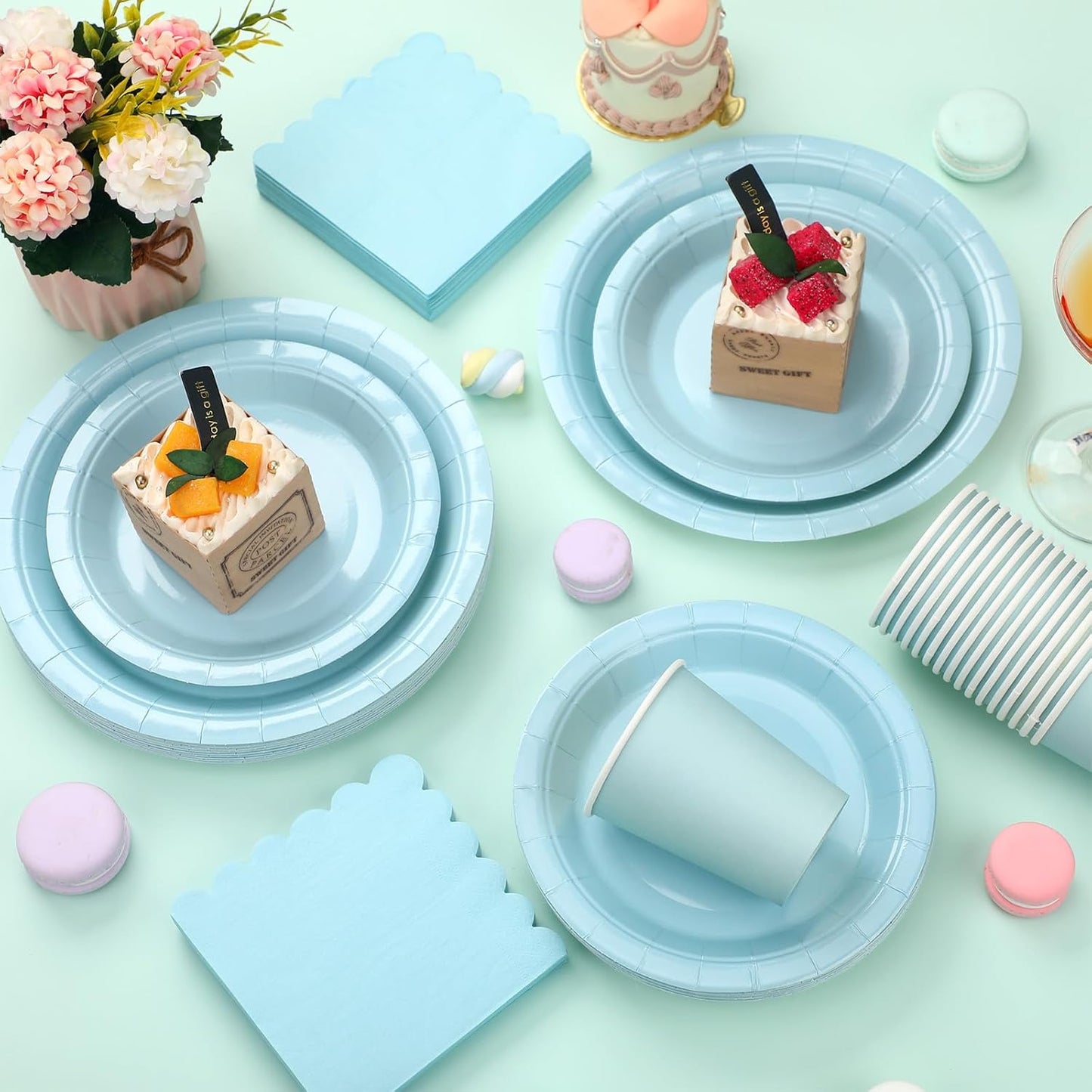 150 Pcs Disposable Party Dinnerware Supplies Set Includes 7'' 9'' Disposable Paper Plates 9oz Paper Cups Scalloped Cocktail Napkins for Baby Shower Birthday Wedding(Light Blue)