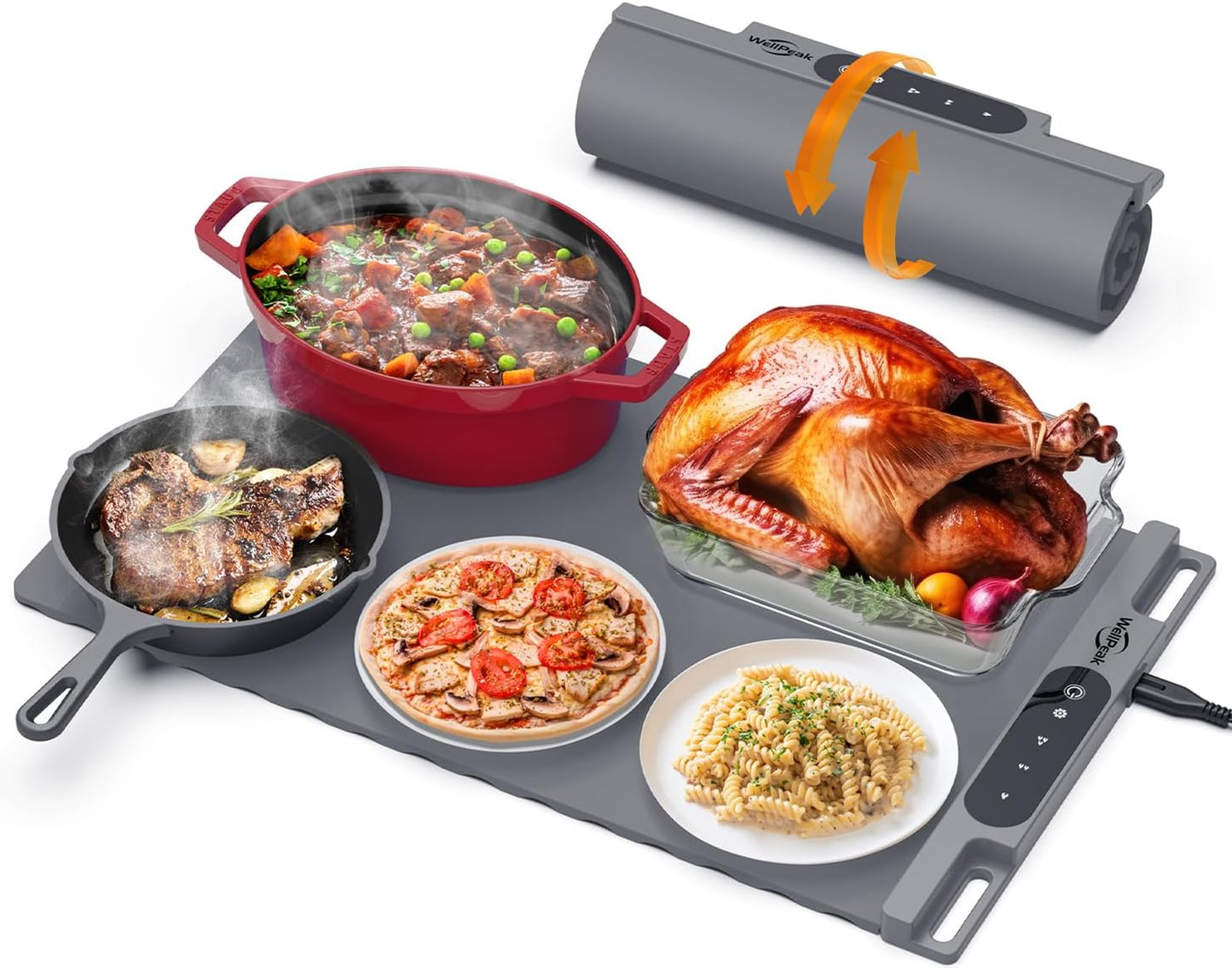 Electric Warming Mat for Food - Full Surface Fast Heating Silicone Tray with 3-Level Temperature, Auto-Off, Raised Feet for Table Protection, Versatile Warmer for Gatherings, Party, Home Buffet, Gray