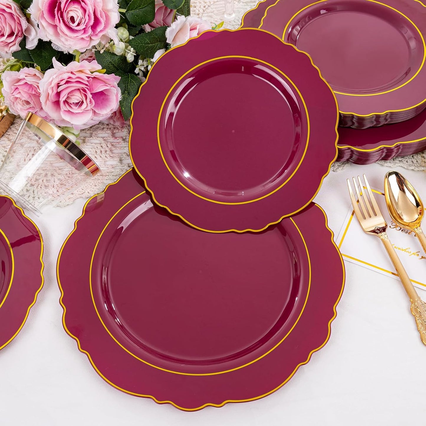 Liacere 350PCS Red Plastic Plates-Disposable Burgundy Red and Gold Plates 50guest Baroque Plastic Dinnerware include 100Plates, 50Pack Pre Rolled Napkins with Silverware 50Cups for Christmas