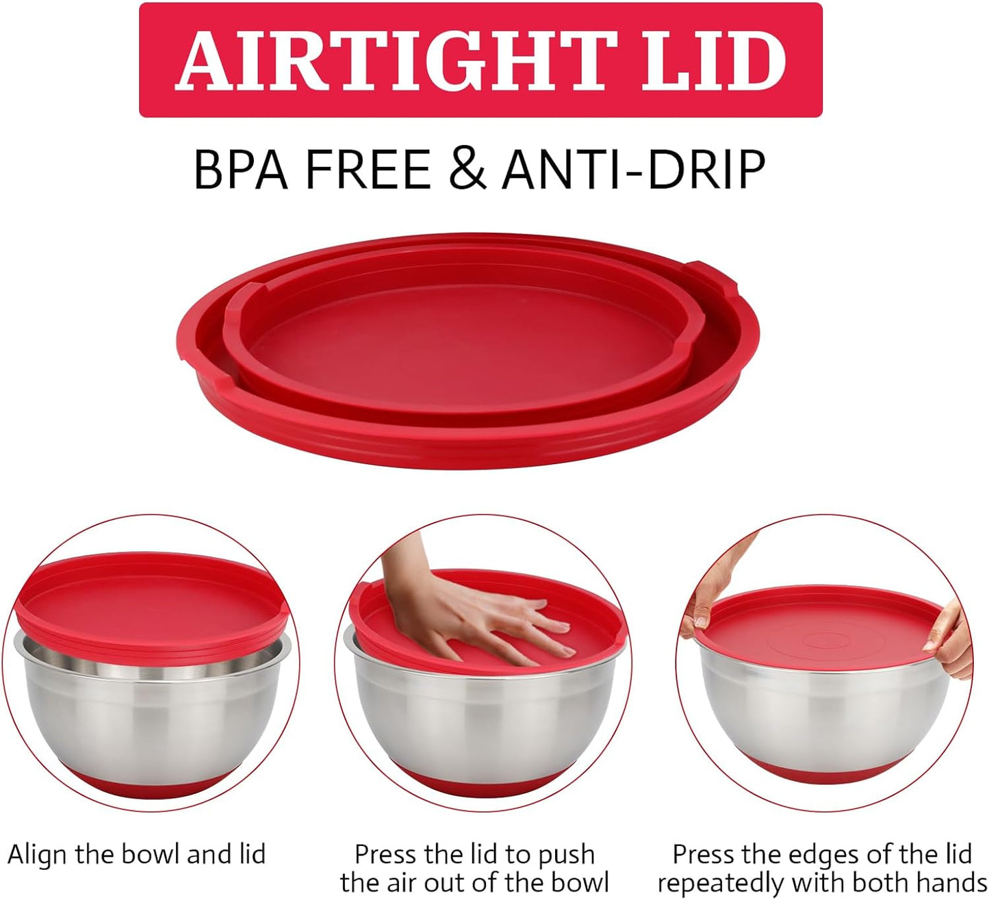 MARSKITOP Stainless Steel Mixing Bowls with Lids Set, Nesting Mixing Bowls with Airtight Lids, Measurement Marks and Red Non-Slip Bottoms, Great for Mixing and Serving, 3QT & 5QT