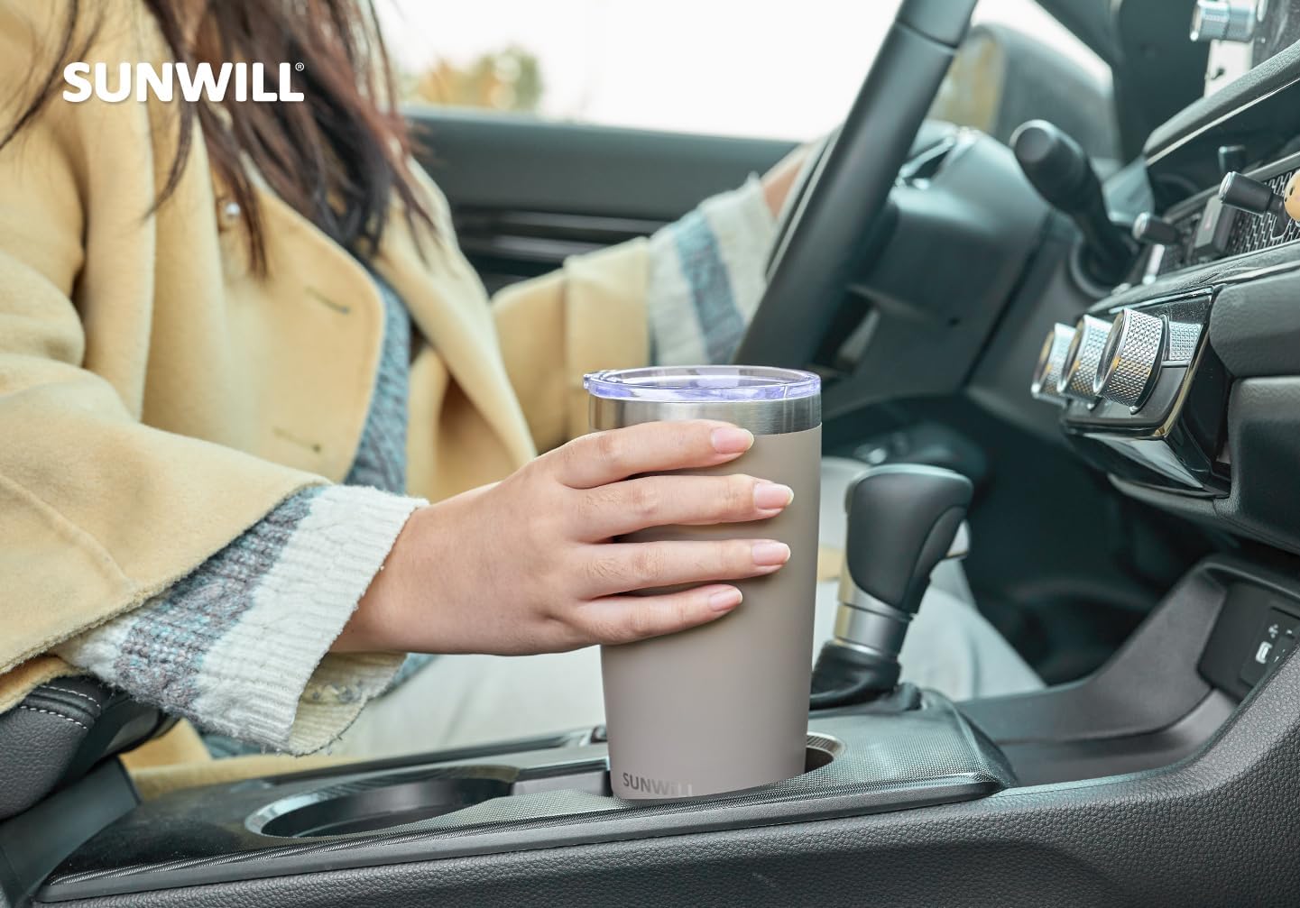 SUNWILL Travel Coffee Tumbler 20 oz, Insulated Mug with Lid, Stainless Steel Cup for Outdoor, Powder Coated Taupe