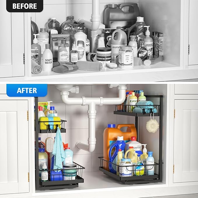 WOWBOX Under Sink Organizer 2 Pack, 2-Tier Cabinet Organizer for Kitchen, Bathroom, Slide Out Drawer Under Sink Organizers and Storage, Metal Organizing Rack for Pantry, Cabinet, Closet