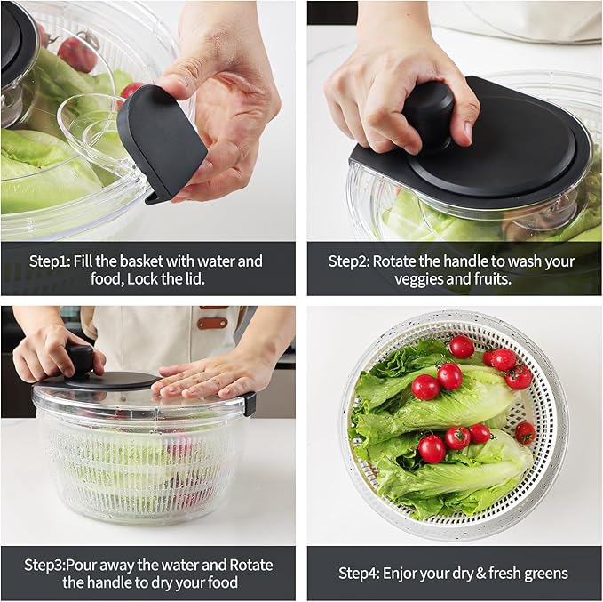 Cambom Salad Spinner Lettuce Spinner, Wash, Spin & Dry Salad Greens, Vegetable Washer Salad Dryer With Rotary Handle for Fruits & Vegetables, High Efficiency Vegetable Spinner Kitchen Gadget 3Qt Black