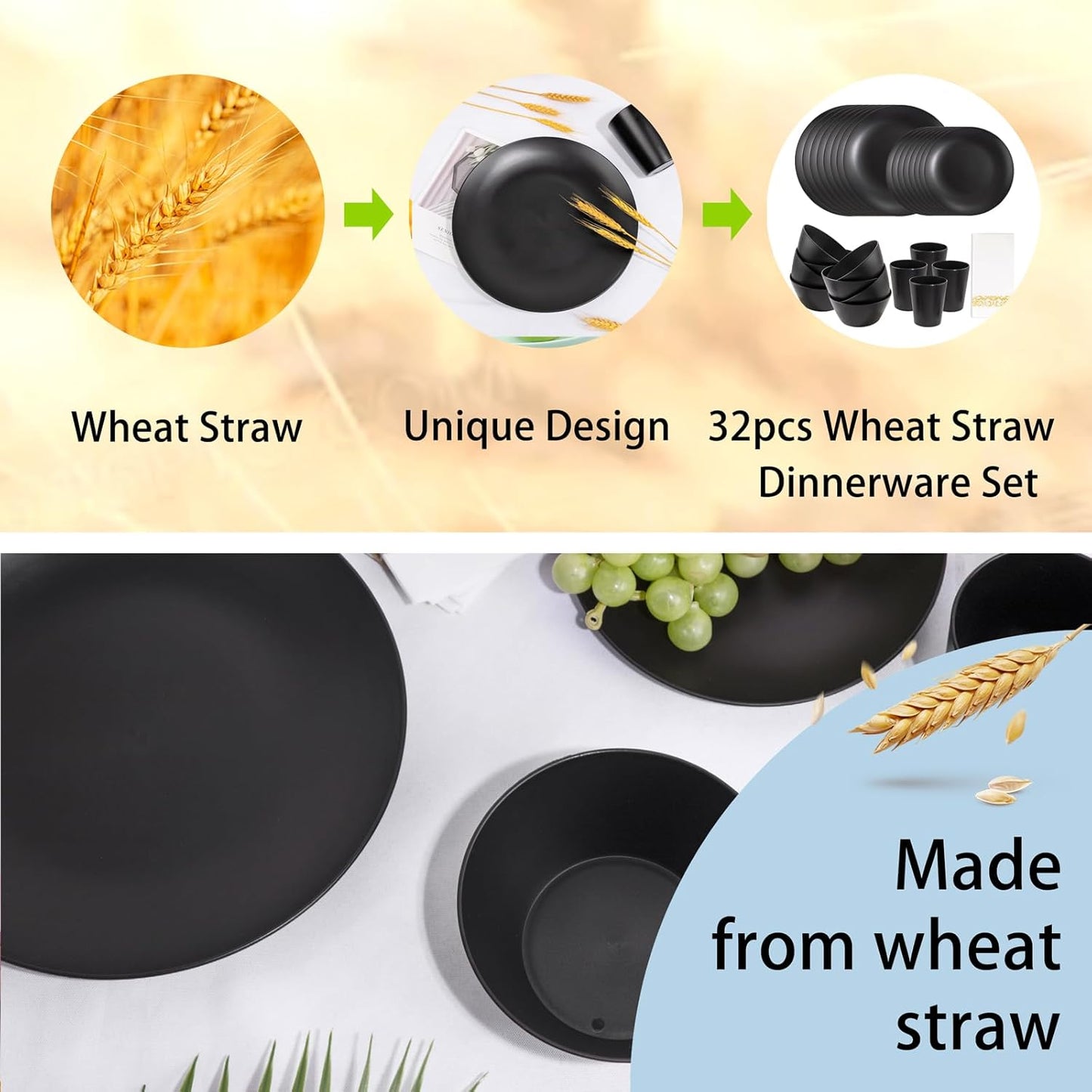Supernal 32pcs Black Wheat Straw Dinnerware Sets with 25pcs Linen Napkins,Plates and Bowls Sets for 8,Black Plastic Dinnerware Sets, Microwave Dishwasher Safe Plates, Dishes Set for 8