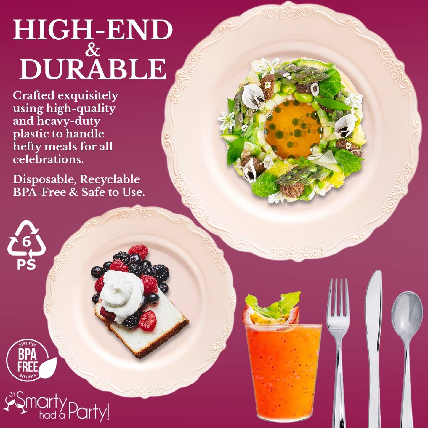 Elegant Plastic Plates, Disposable Dinnerware Sets, Plastic Dinner Plates, Disposable Plates for Party, Disposable Plastic Plates, Party Plates (Pink, Wedding Value Set (60 Guests))