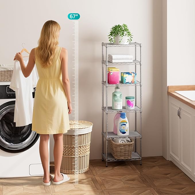 SINGAYE 6 Tier Shelf Wire Shelving Adjustable Storage Shelves Rack Standing Units for Kitchen Closet Laundry Bathroom Organizers Metal Pantry Narrow Mesh Gaps 10" D x 16" W x 60" H Gray