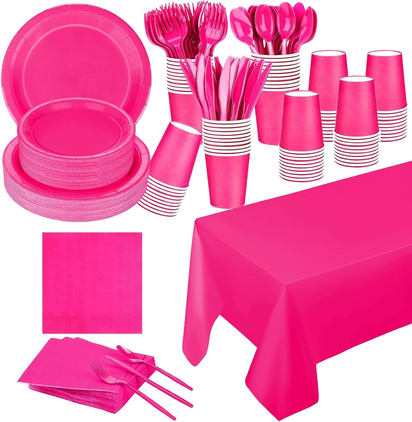 TWOWYHI 229PCS Hot Pink Party Supplies Set - Paper Disposable Plates Cups Plastic Spoons Forks Knives Napkins Serve 30 Guests