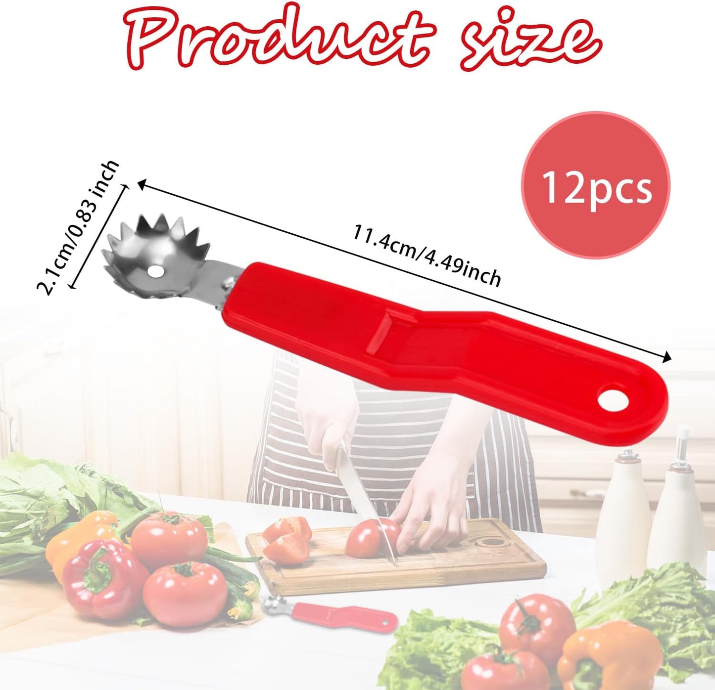12pcs Stainless Steel Strawberry Hullers, Tomato Corer & Fruit Stem Remover Kitchen Tools for Effortless Fruit & Vegetable Prep (Red)