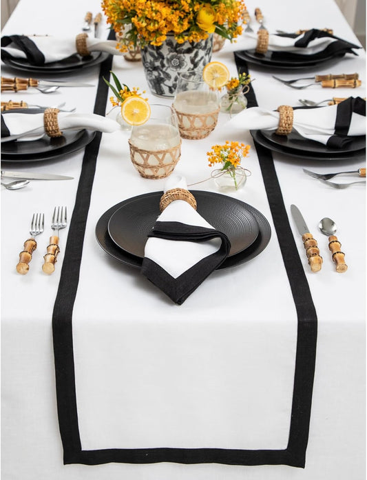 Solino Home Linen Table Runner 108 Inches Long - Black and White 100% Pure Linen 14 x 108 Inch Table Runner for Dining, Fall, Autumn, Halloween, Thanksgiving, Holiday - Classic