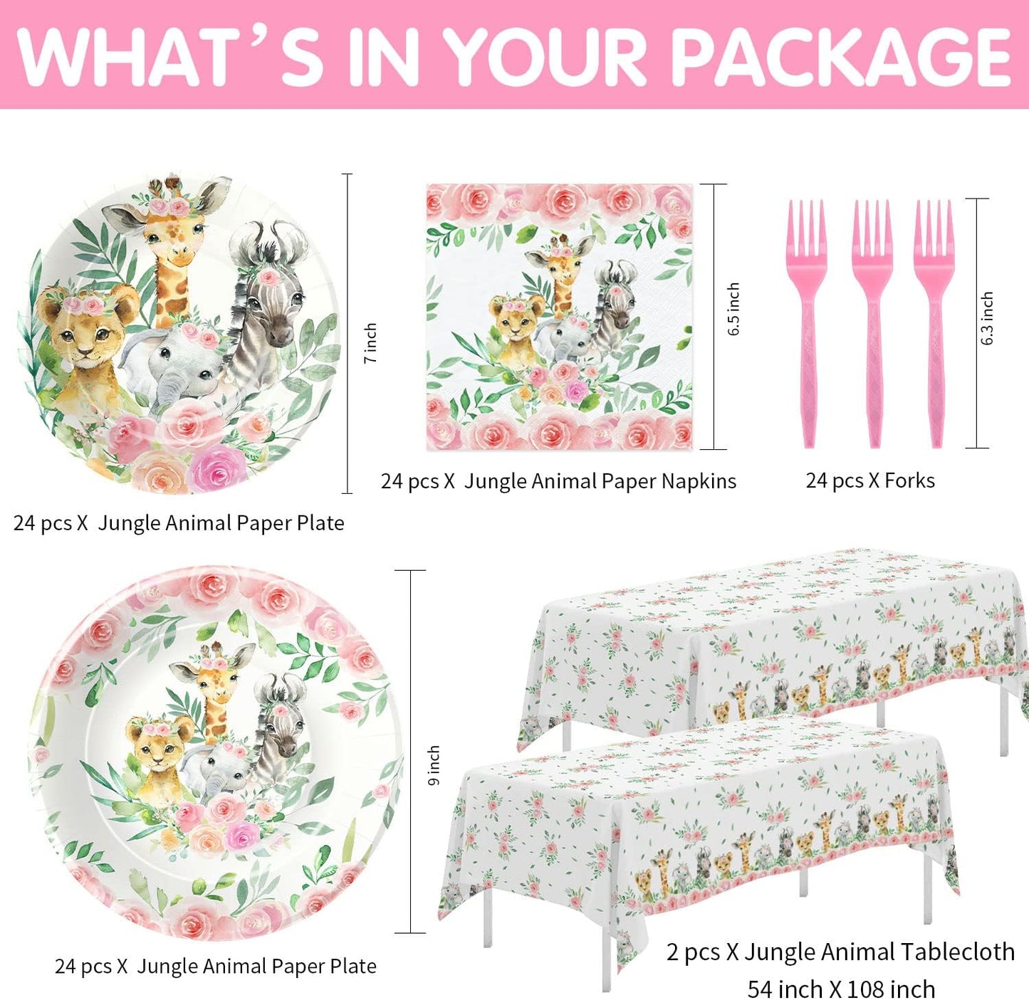 Jungle Theme Party Supplies Tableware Girl - Safari Birthday Decorations Dinnerware, Plate, Napkin, Tablecloth, Fork, Pink Safari Jungle Animal Baby Shower Birthday Party Supplies | Serve 24