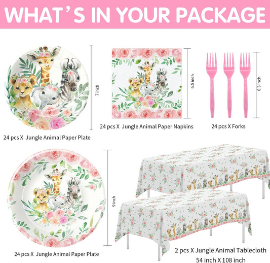 Jungle Theme Party Supplies Tableware Girl - Safari Birthday Decorations Dinnerware, Plate, Napkin, Tablecloth, Fork, Pink Safari Jungle Animal Baby Shower Birthday Party Supplies | Serve 24