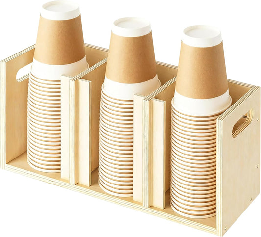 Wood Cup Lid Organizer 3 Compartments with Adjustable Dividers for Counter Wall Mount Disposable Cup and Lid Storage Kitchen Restaurants Fast Food Coffee Shop Supplies (15”W x 7”H x 4.7”D)