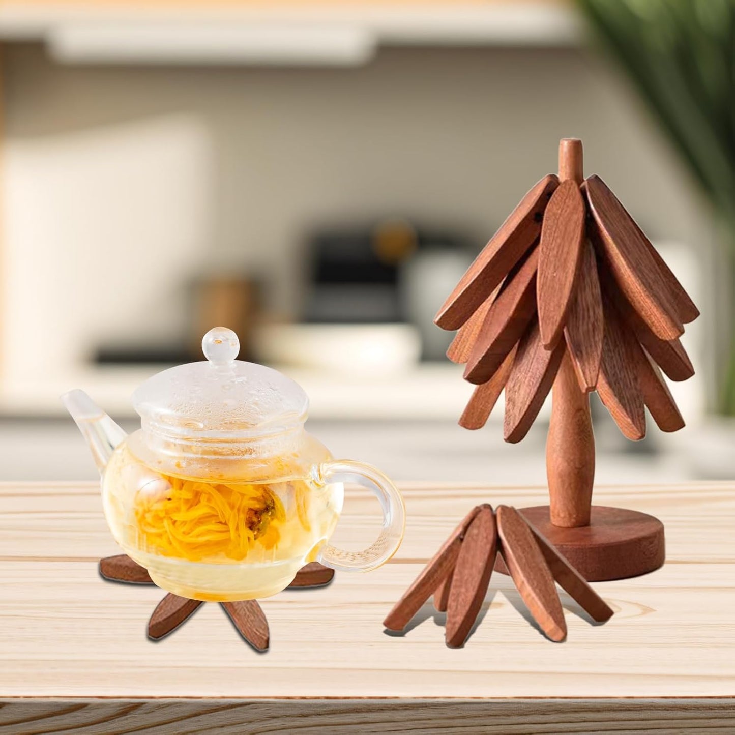 Wooden Trivets for Hot Dishes-Tree Shape Trivet Set, 4 Walnut Wood + 1 Stand stored Like a Christmas Tree,Foldable Kitchen Wooden Trivet,for Hot Dishes Pot Bowl Teapot Hot Pot Holder(Walnut)