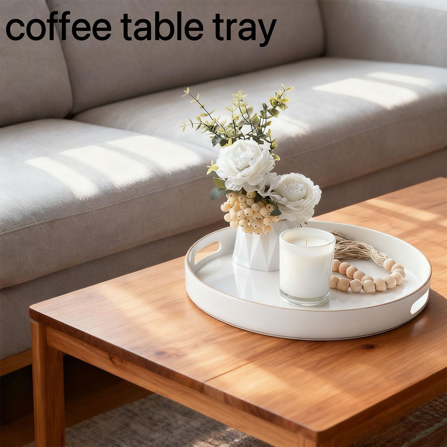 Zosenley Decorative Tray, Round Plastic Tray with Handles, Modern Vanity Tray and Serving Tray for Ottoman, Coffee Table, Kitchen and Bathroom, Size 13” (White)