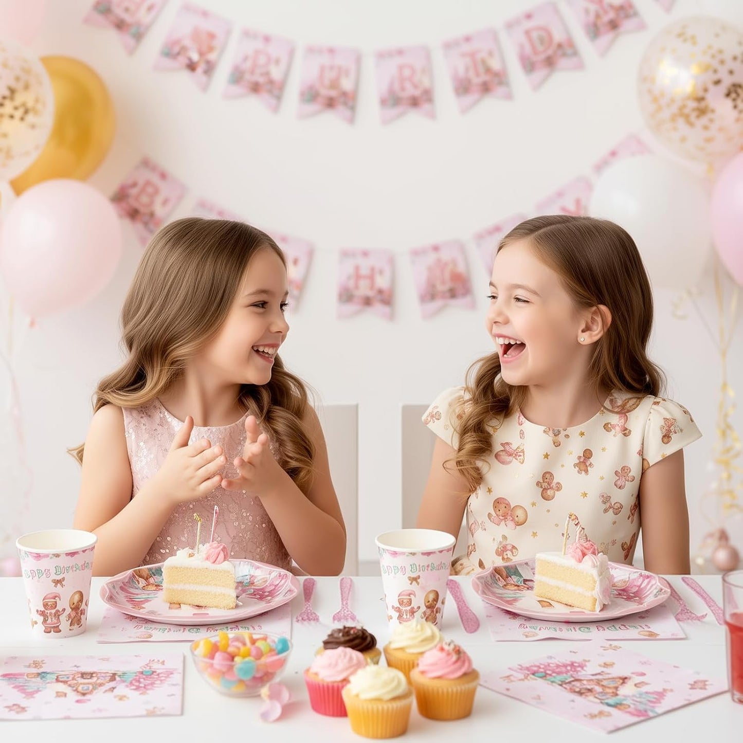 144 Pcs Pink Gingerbread Christmas Party Supplies, Disposable Dinnerware Set with Plates, Cups, Napkins for Holiday Gingerbread House Decorations, Serves 24 Guests