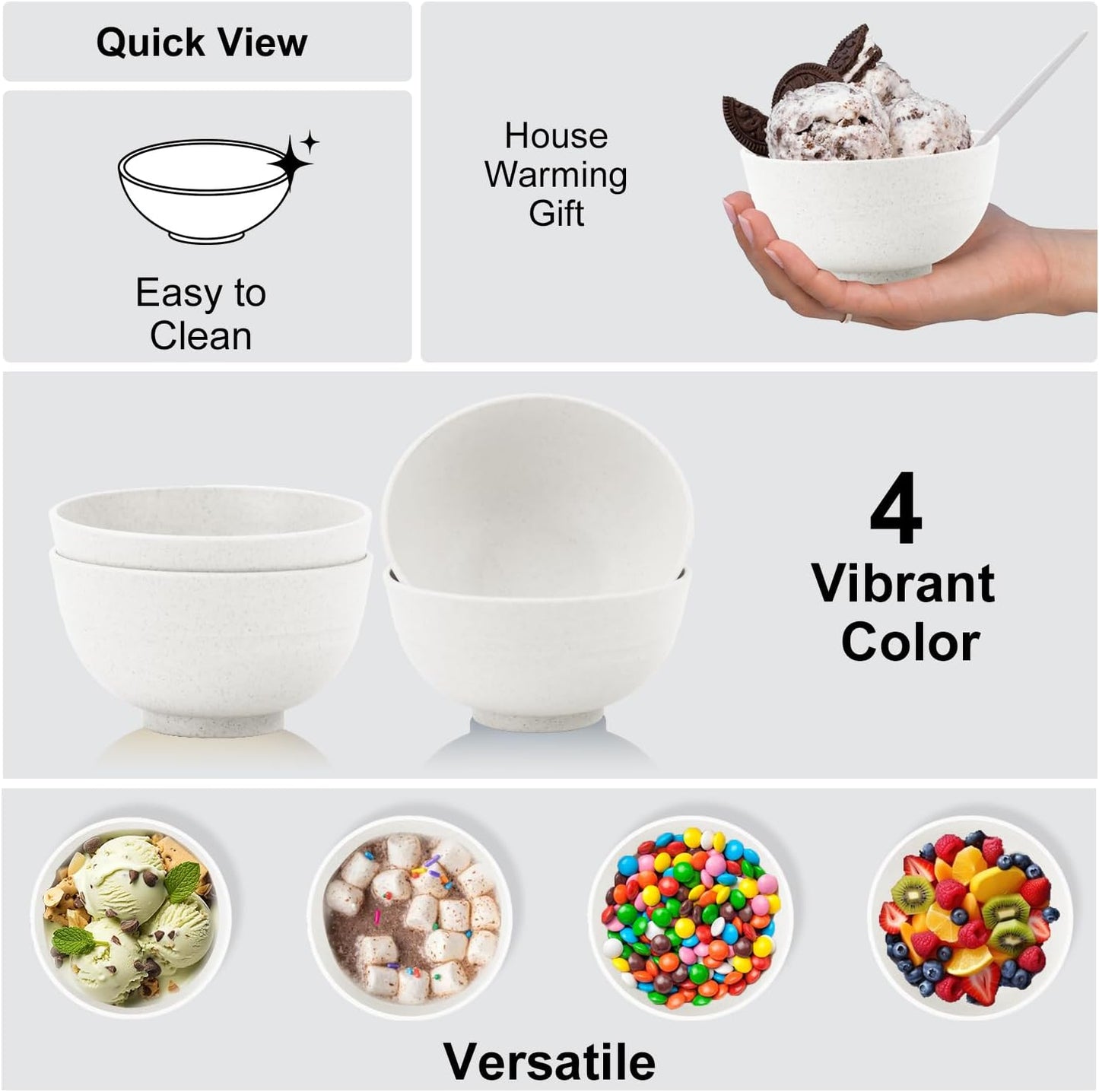 Wrova Wheat Straw Snack Bowls 10oz Set of 8 - Unbreakable Dessert Bowl for Kids - Small White Bowls for Ice Cream,Snack and Fruits - Microwave & Dishwasher Safe Mini Appetizer Bowl Sets - White