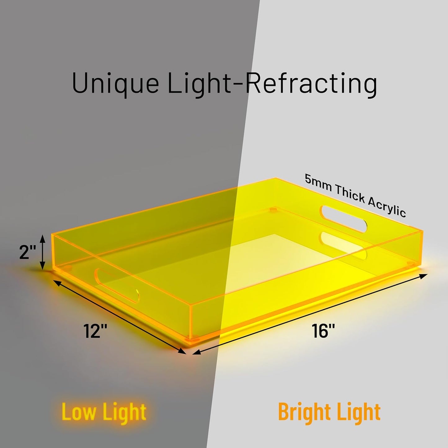 16"x12" Large Acrylic Serving Tray Decorative Ottoman Coffee Table Vanity Tray Tea Fruit Platter Snack Appetizer Dessert Drink with Handles for Bar Kitchen Party, Neon Yellow