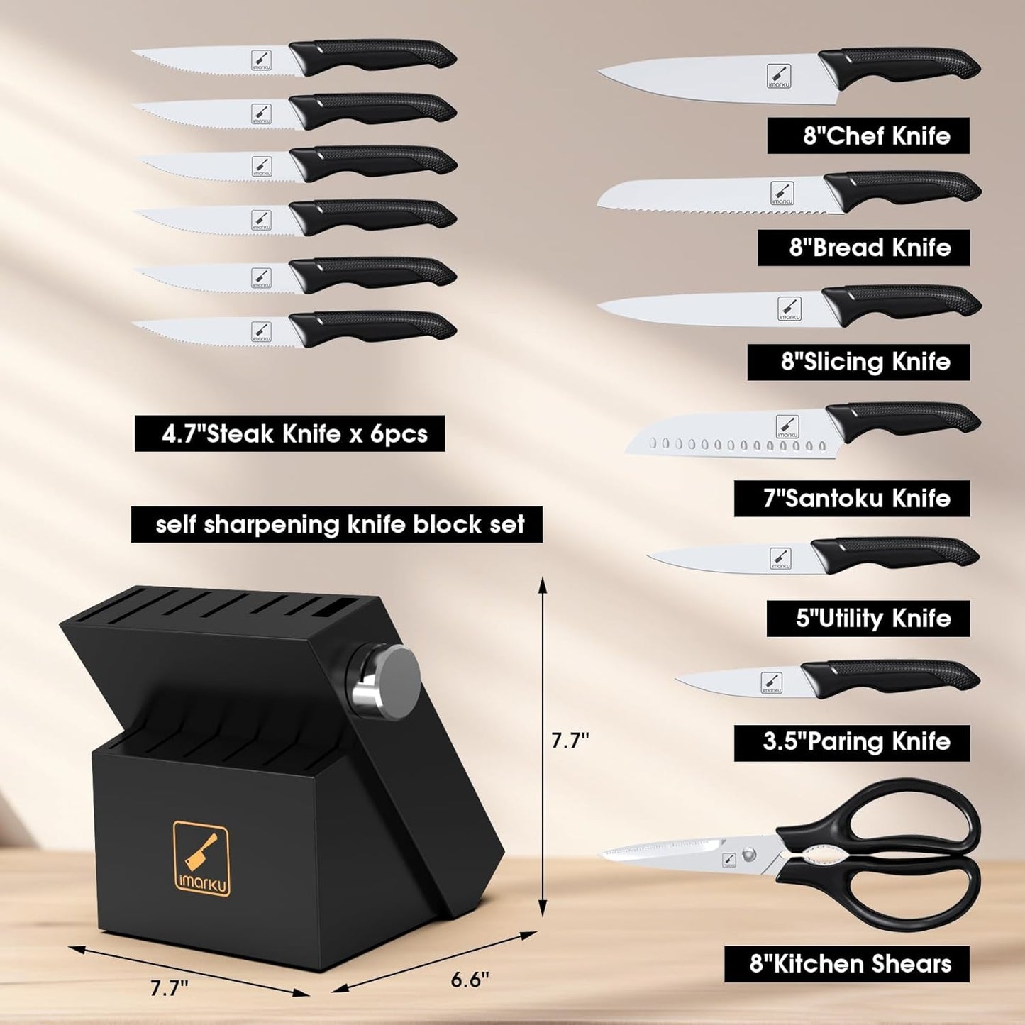 imarku Knife Set with Block, Sharp Knives Set with Built-in Sharpener, Stainless Steel Kitchen Knife Sets with Non-Slip Ergonomic Handle, Dishwasher Safe, 14 PCS Professional Knife Set for Gift, Black