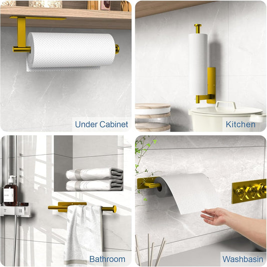 Paper Towel Holder Under Cabinet, Gold Adhesive Paper Towel Holder Wall Mount for Kitchen, Bathroom, RV, Bend-Resistant, Self-Adhesive or Drill mounting, Stainless Steel, 2 Pack