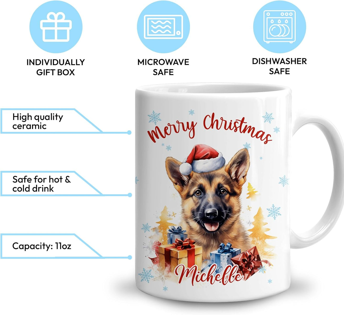 Hyturtle Personalized Gifts Dog Lover - German Shepherd Merry Christmas Custom Name Ceramic Coffee Mug Cup 11oz - Cute Animal Lovers Gifts For Women, Girl kids Family On Birthday, Christmas