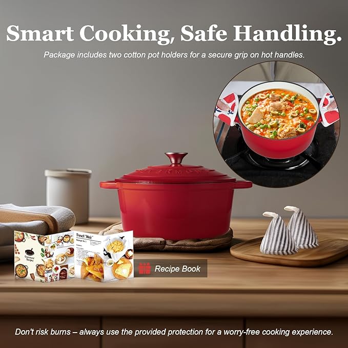 Overmont 5.5QT Enameled Cast Iron Dutch Oven with Lid Cookbook Heavy-Duty Casserole with Dual handles for Braising, Stews, Roasting, Bread Baking