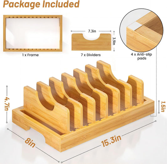 Bamboo Pot and Pan Organizer, Pot Lid Organizer Holder Rack for Countertop Drawer, Kitchen Cabinet Organizer with 7 Adjustable Dividers for Pots, Pans, Baking Sheets, Cutting Boards, Nature