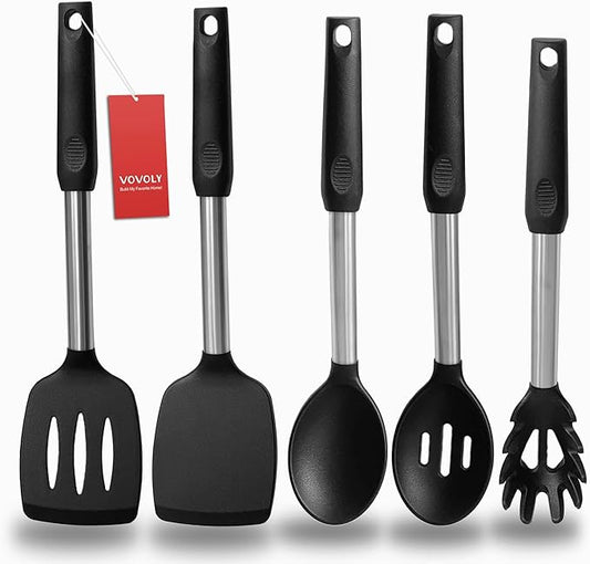Silicone Spatula and Cooking Spoon,5 Pack Non-Stick Cooking Utensils for Kitchen，Heat Resistant Solid & Slotted Spoons and Spatulas, Stainless Steel Handle Coated with Silicone,Black