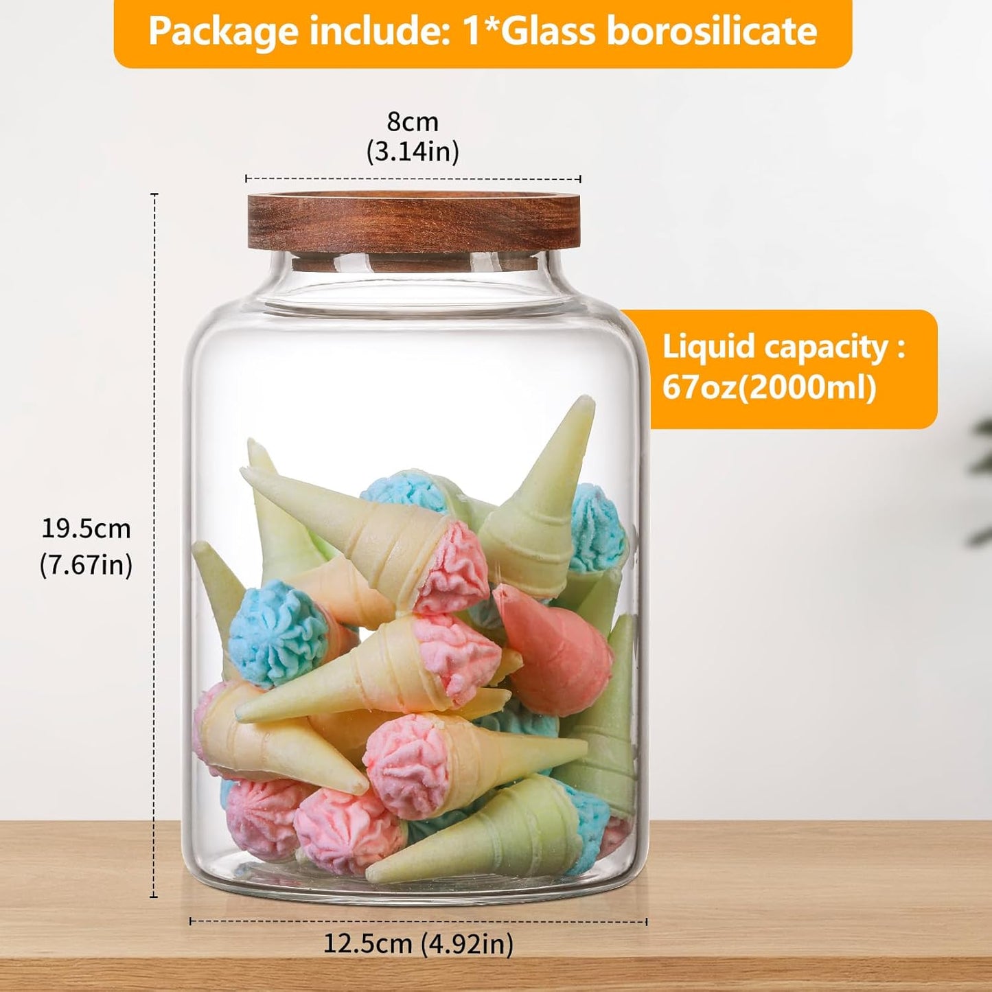 Large Glass Jar with Wooden Lid Glass Sugar Containers Kitchen Canisters Pantry Glass Food Storage Container for Candy Coffee Bean Cereal Flour Cookies