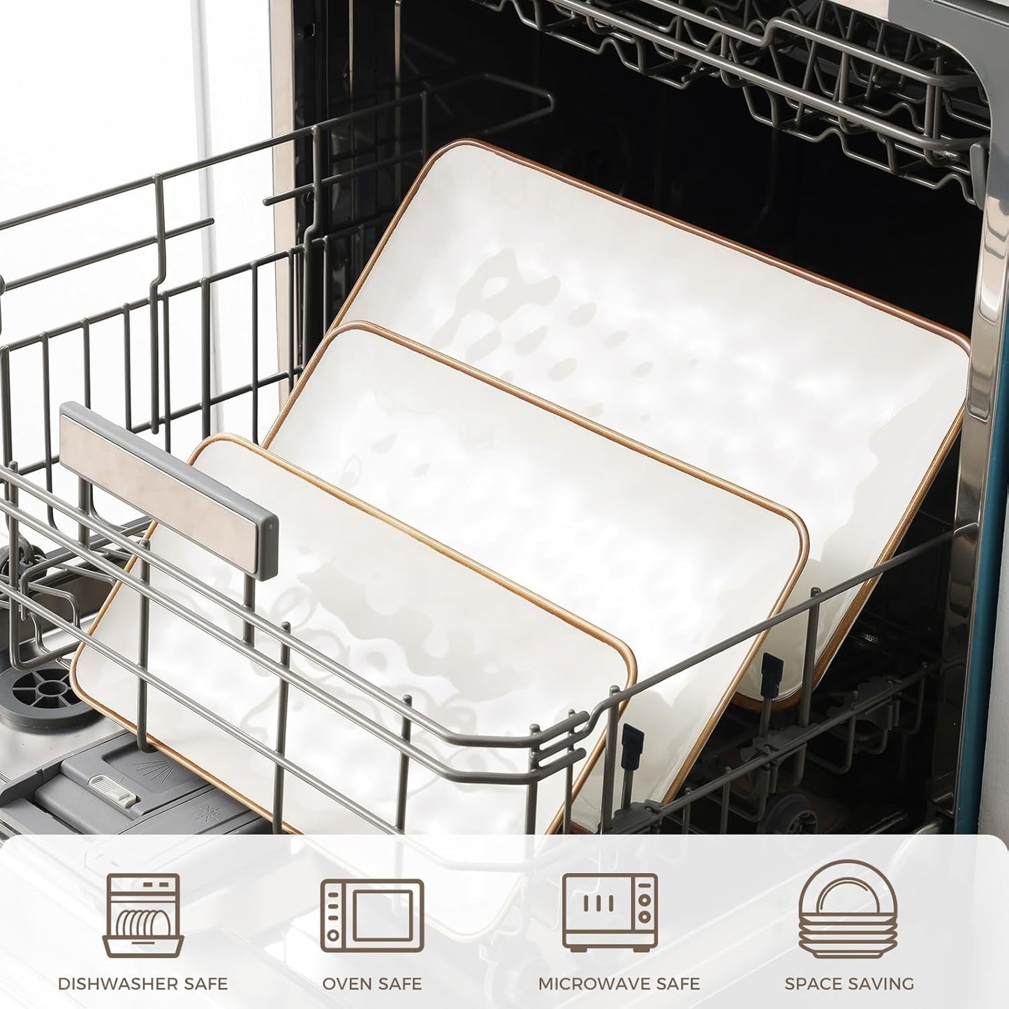 Ceramic Rectangle Serving Platter with Brown Rim: 15.6/14.1/12.6 Inch Large Serving Dishes for Entertaining Party, Turkey, Cheese, Sushi, Snack and Dessert, Microwave Dishwasher Safe