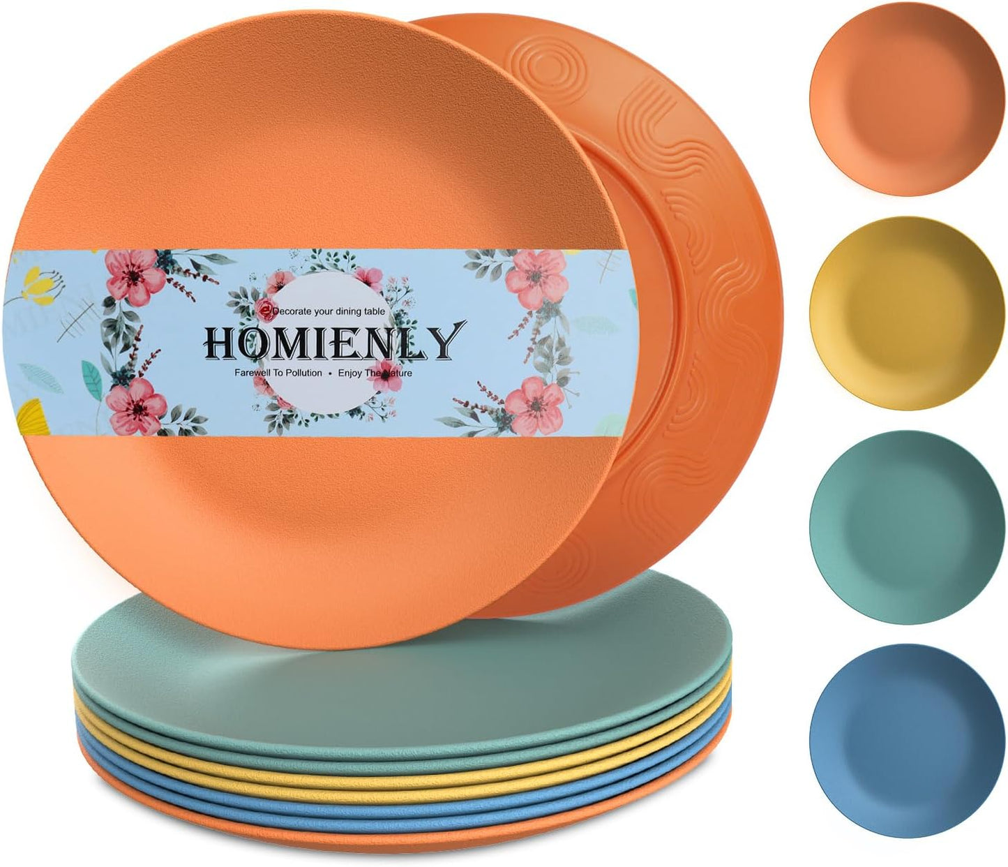 Homienly Wheat Straw Dinner Plates Set of 8, 10 Inch, Microwave and Dishwasher Safe, Unbreakable Kids Plates, 4 Colors (Multi), MS 01