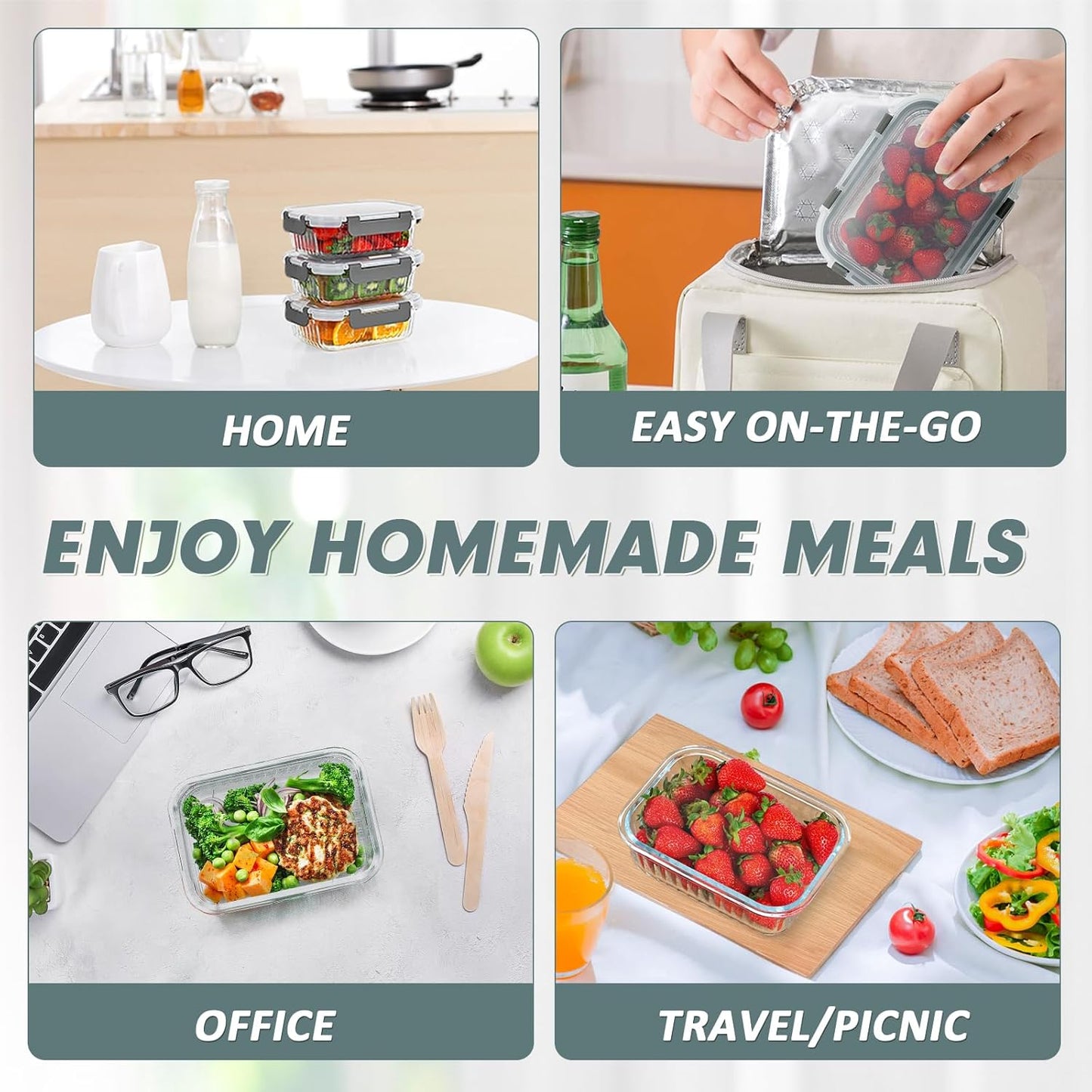 KOMUEE 10 Packs 22 oz Glass Meal Prep Containers, Glass Food Storage Containers with Lids, Airtight Glass Lunch Containers, Microwave, Oven, Freezer Safe, Gray