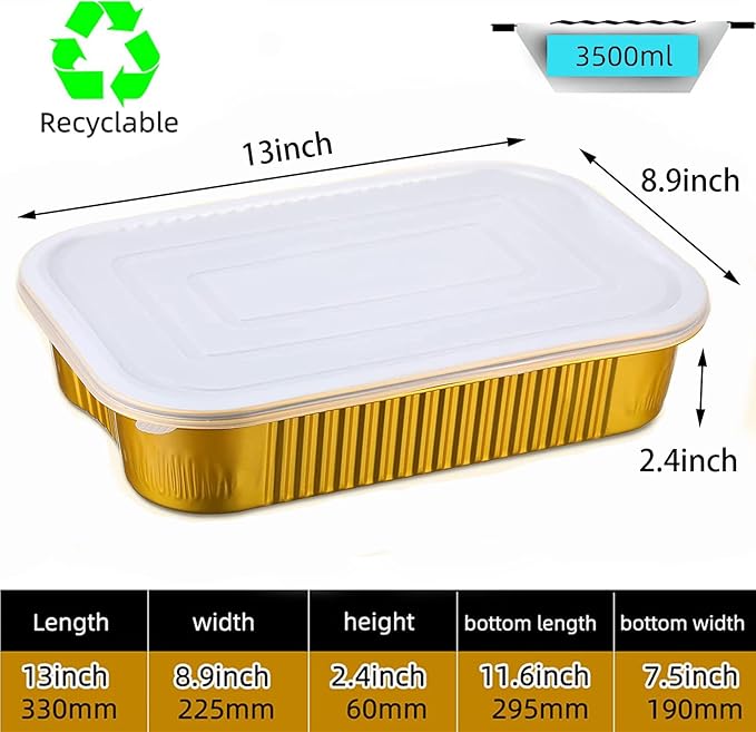 Gold Aluminum Foil Baking Pans with lids Heavy-Duty 9"×13"(10pack+10Lids), Disposable Food containers reusable F330(3500ML)
