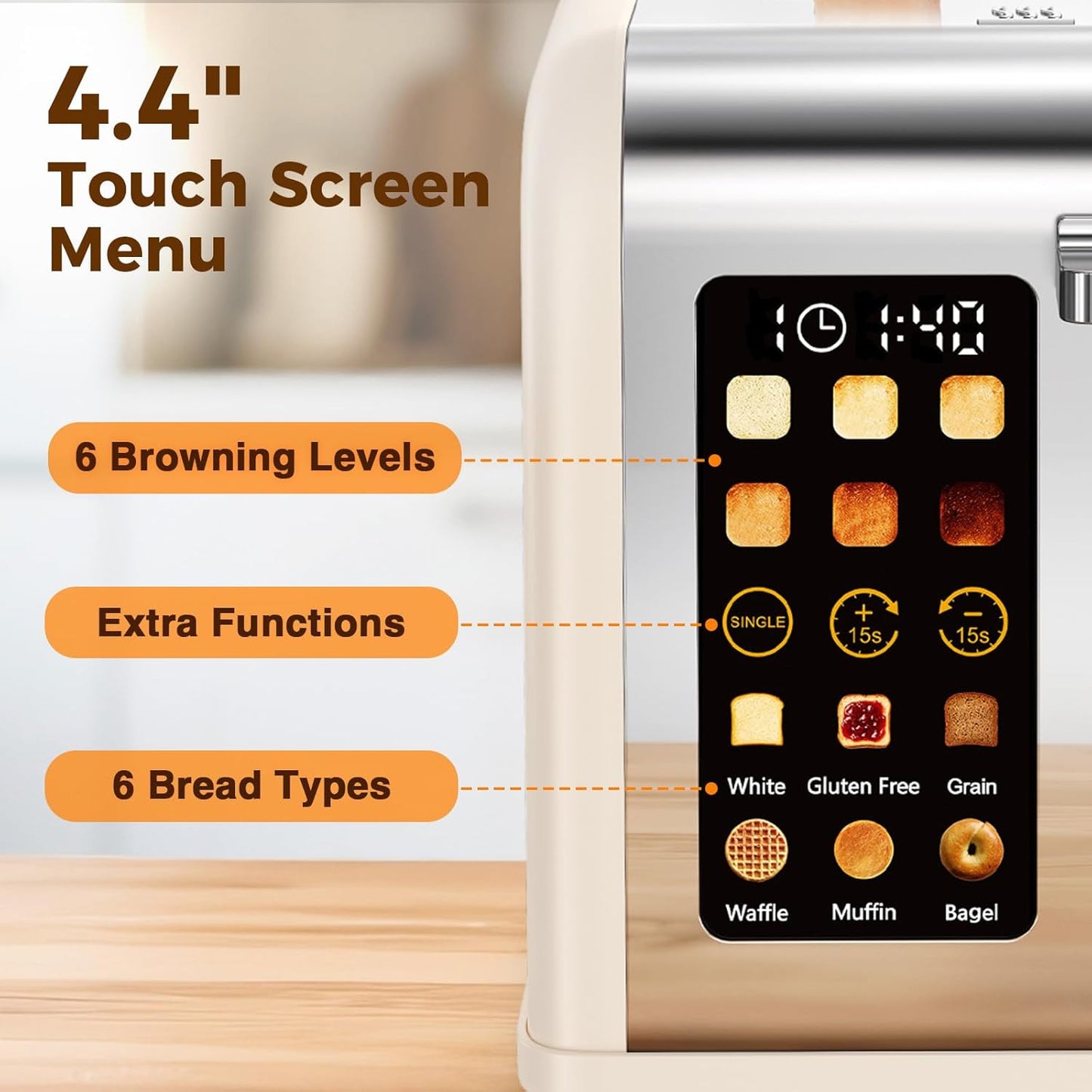 2 Slice Touch Screen Toaster, Stainless Steel Toaster with Wide Slots for Bagels and Bread, Reheat/Defrost/Cancel Functions, Removable Crumb Tray, Cream Color