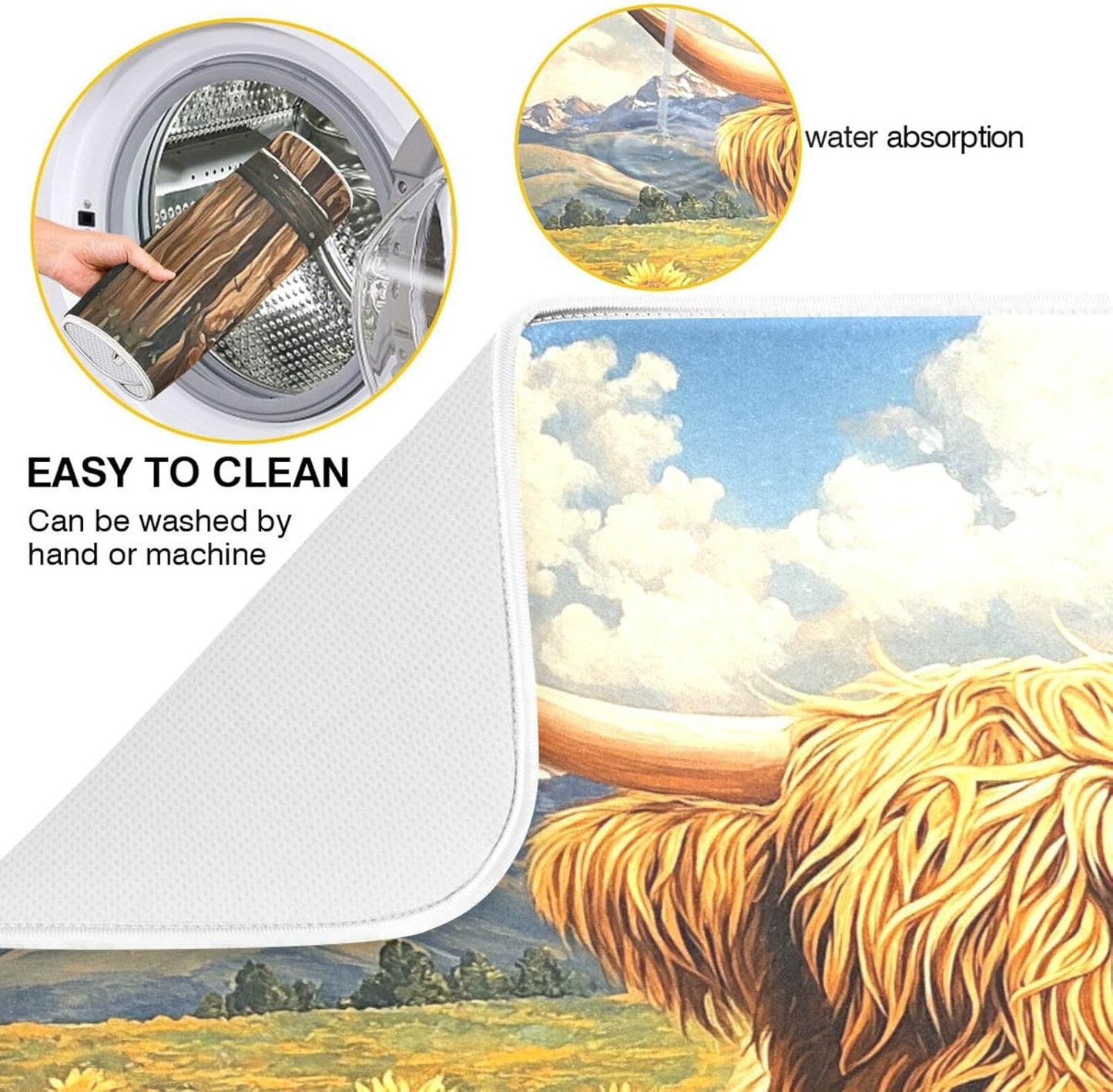 Highland Cow Sunflower Field Dish Drying Mat for Kitchen Counter Super Absorbent Dishes Pad Reversible Microfiber Protector Dish Draining Mats 16x18 inch