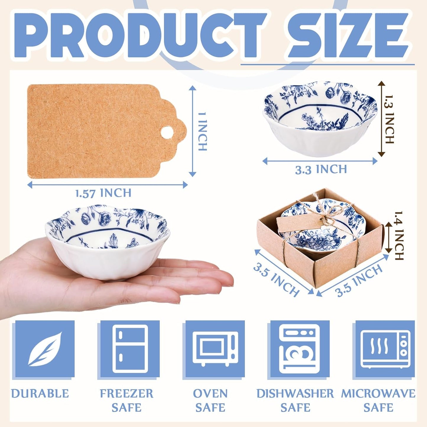 48 Pcs Wedding Favors for Guests Small Ceramic Bowl Bulk Gifts Set 3.3 Inch Floral Design Mini Dipping Bowl Sauce Dish with Cards Box for Bridal Baby Shower Birthday Guest Gift (Blue)