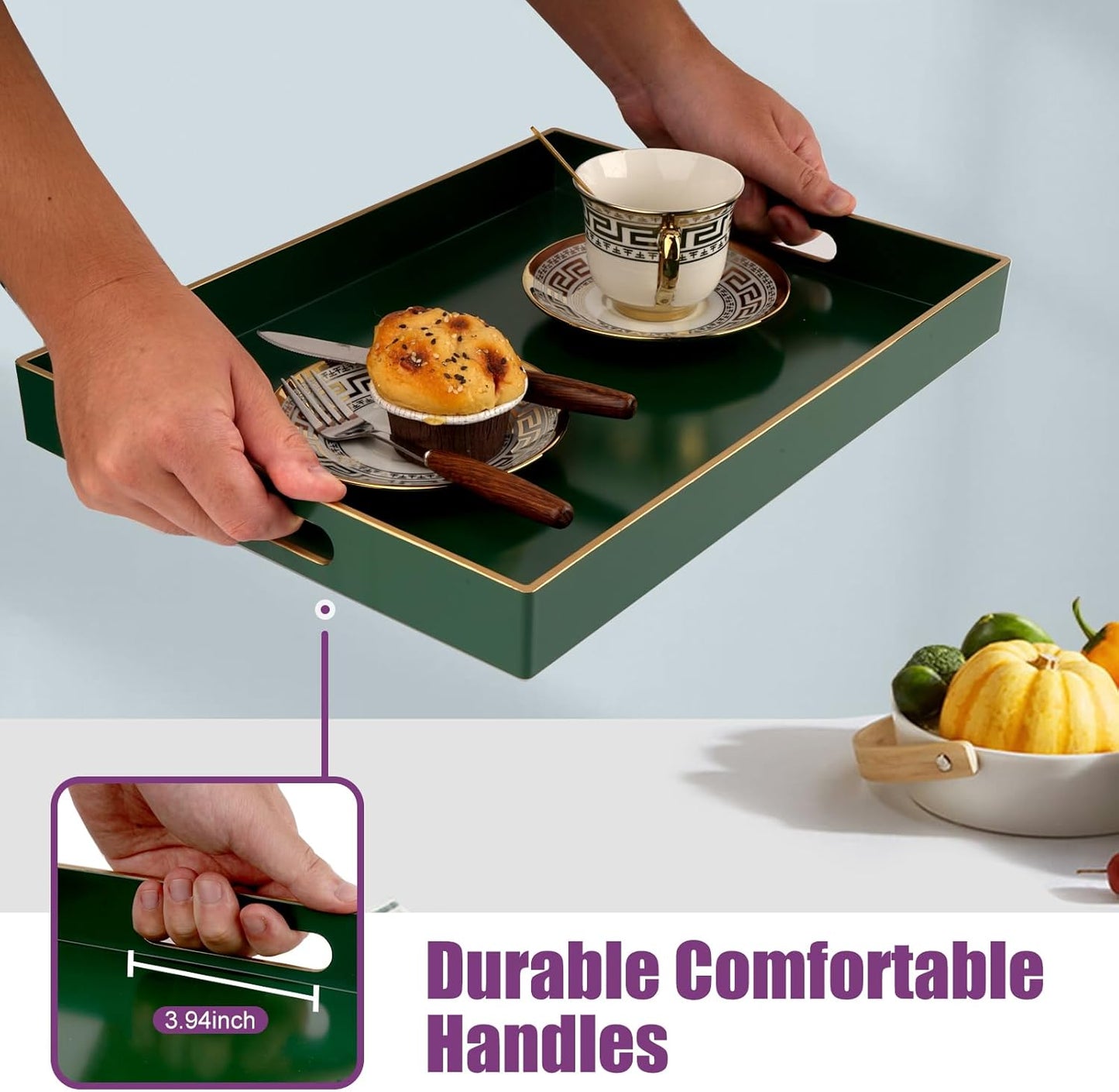 Gifturbo Large Serving Tray with Handles，Green Rectangular Plastic Elegant Decorative Coffee Table Trays for Ottoman, Living Room, Bathroom, Home Decor, Vanity Tray with Gold Trimming, 15.7” x 11.8”
