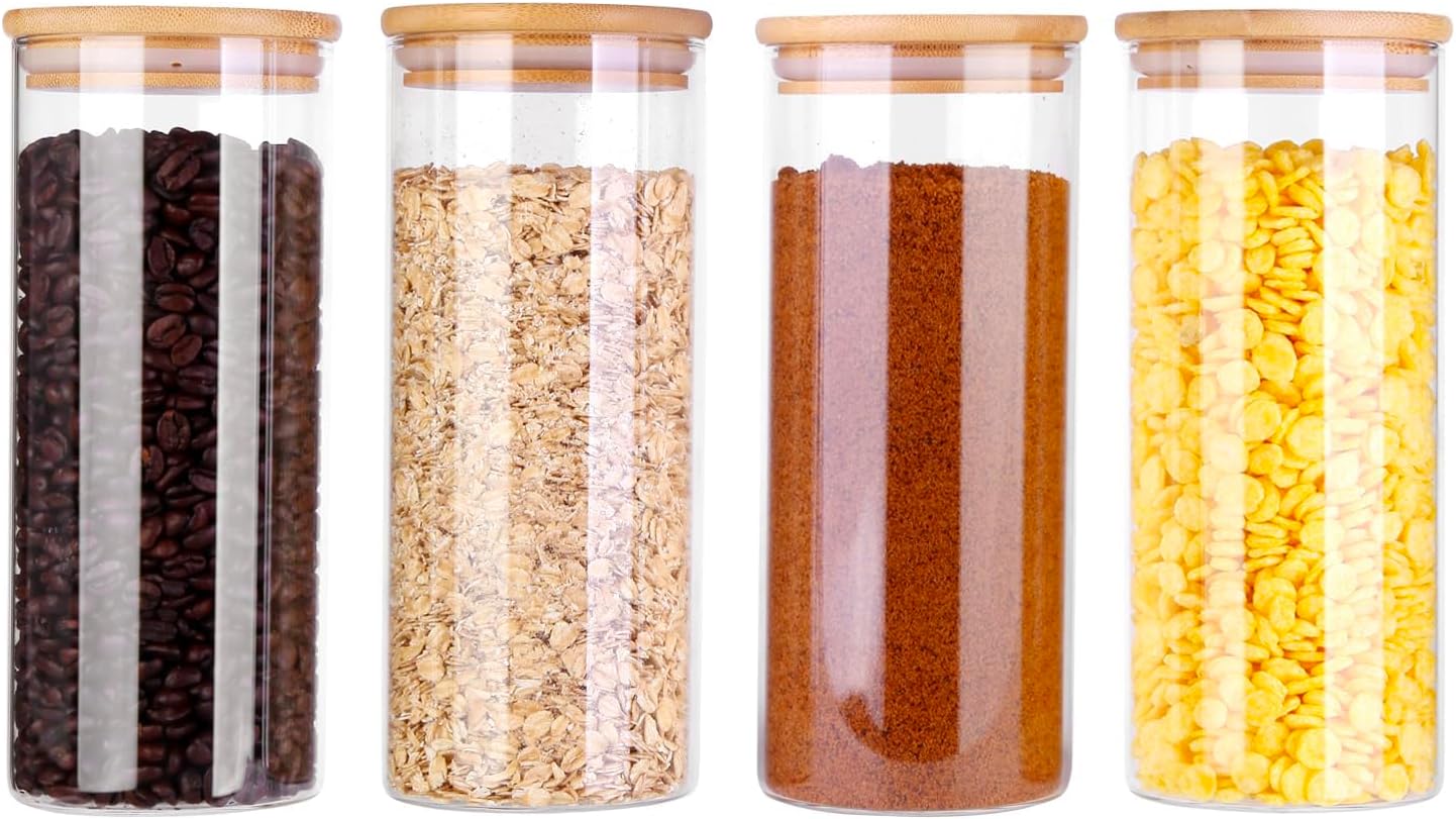 Glass Food Jars with Lids,31oz Glass Storage Containers with Airtight Bamboo Lids,Round Glass Canister Set of 4, Pantry Organizers and Storage for Cookie Flour Oat Pasta Tea Coffee Bean