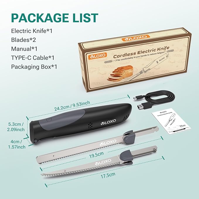 VLOXO Cordless Electric Knife, Rechargeable Electric Carving Knife with 2 Ti-Nitride S.S. Coated Non-Stick Blades Non-Slip Handle Safety Lock Electric Knives for Meat Slicing Fish Fillet Bread Turkey