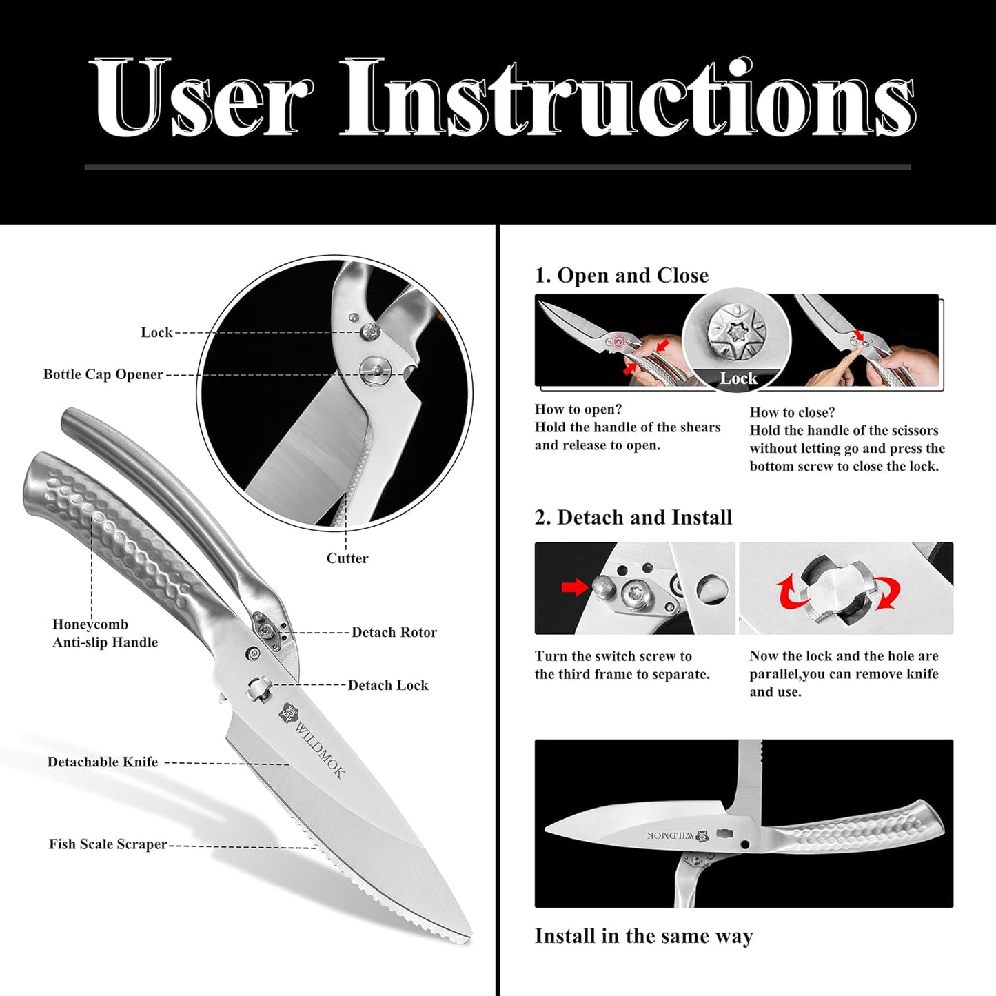 WILDMOK Heavy Duty Poultry Kitchen Shears – Multi-function Stainless Steel Poultry Shears, Ultra Sharp All Purpose Kitchen Scissors Cutting Chicken Meat, Turkey, Fish