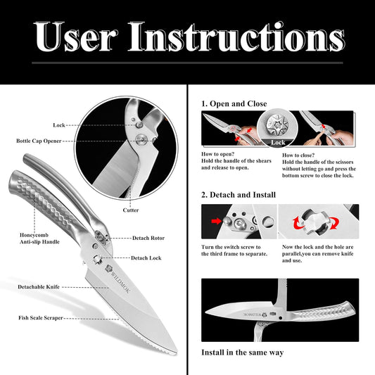 WILDMOK Heavy Duty Poultry Kitchen Shears – Multi-function Stainless Steel Poultry Shears, Ultra Sharp All Purpose Kitchen Scissors Cutting Chicken Meat, Turkey, Fish