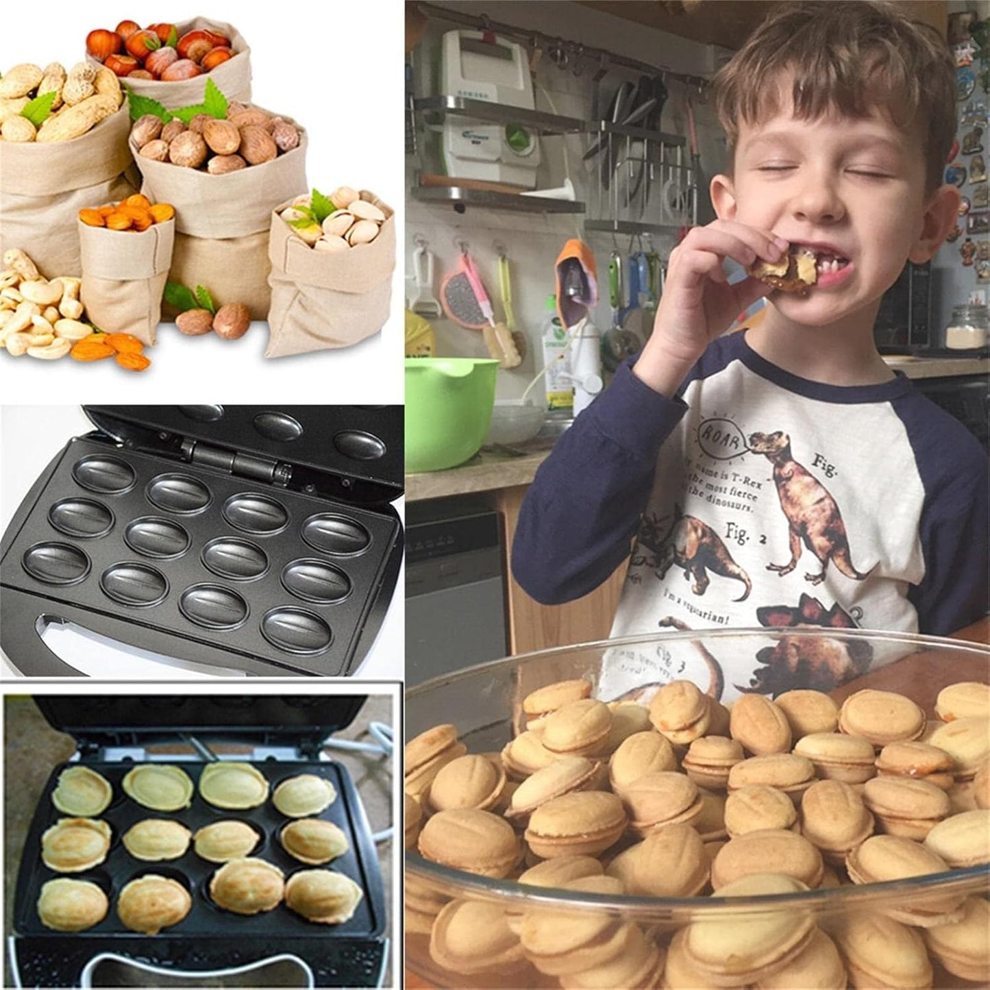 12 Walnut Cookie Maker, Non Stick Double Sided Walnut Cookie, Electric Maker Mold Maker Mini Nut Waffle Bread Machine Sandwich Iron,Toaster Baking