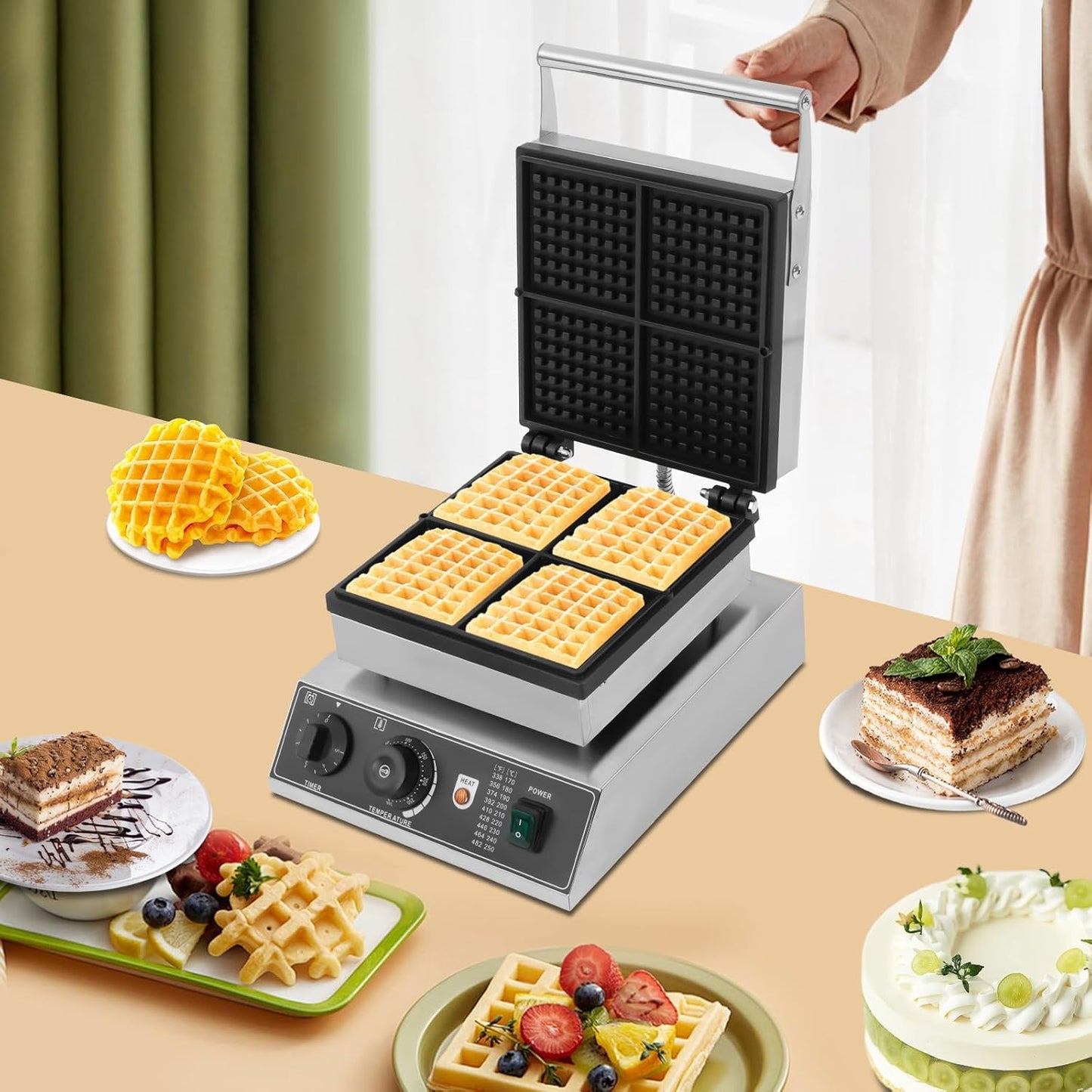 4-Slice Waffle Maker Pancake Maker Non-stick Stainless Steel Waffle Pan Pancake Making Machine with Temp and Time Control for Home Restaurant