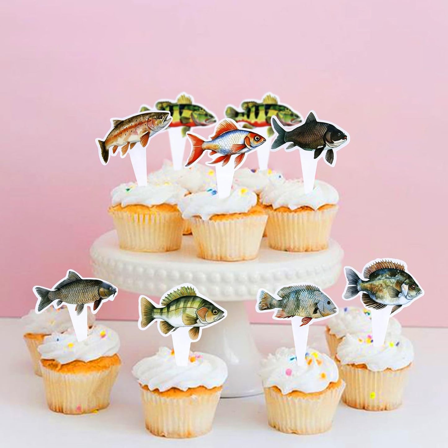 24pcs Fish Cupcake Toppers Go Fishing Theme Decorations Baby Shower Boys Girls Happy Birthday Party Tropical Party Cake Picks Under The Sea Decoration Supplies（two-sided）