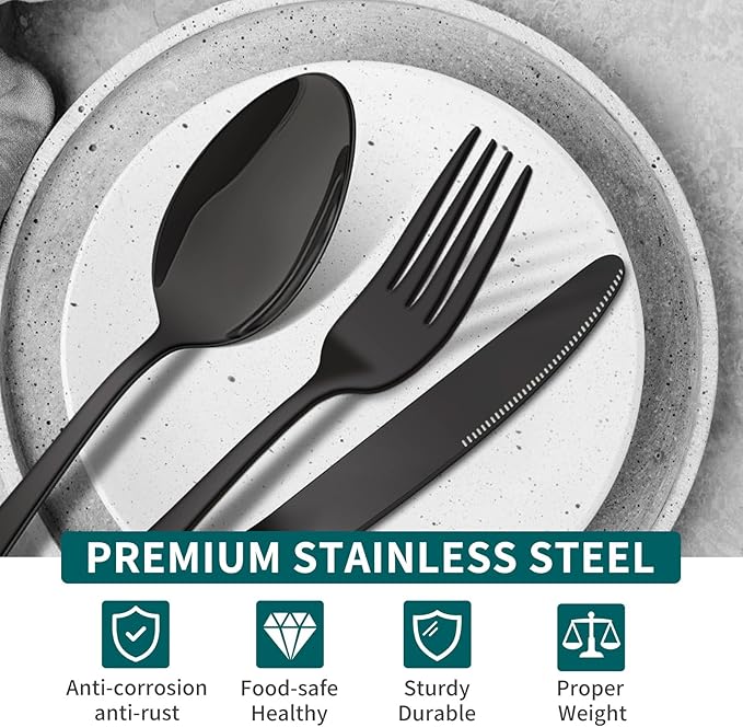 20 Pieces Black Silverware Set, ENLOY Flatware Cutlery Set Stainless Steel Utensils Service for 4, Heavy Duty Gift and Dishwasher Safe, Mirror Polished Dinner Knife, Fork, Spoon for Restaurant