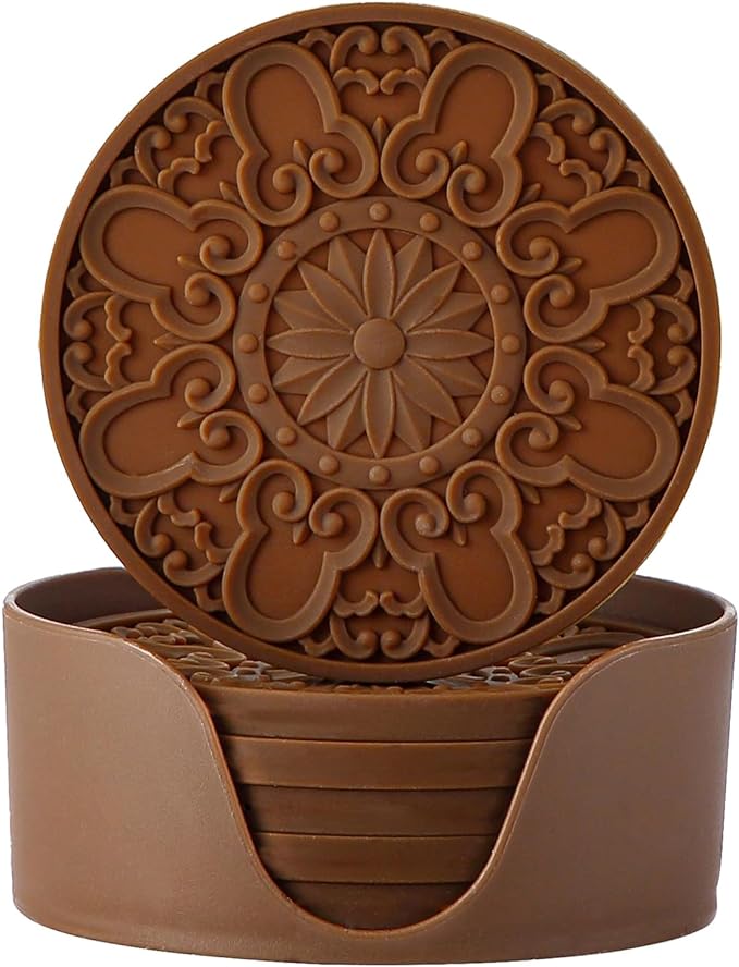 Colinda Silicone Coasters - Set of 6 with Holder, Non-Slip Cup Mats for Hot and Cold Drinks, Decorative Designs, Gift Ready Packaging,Brown