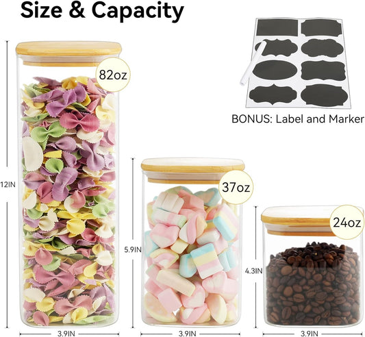 5 Set Glass Jars with Bamboo Lids, Square Food Storage Containers, Glass Pantry Storage Containers with Lids for Pasta, Cereal, Flour, Sugar